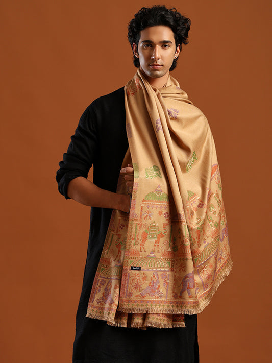 Tweedle Men’s Mahotsav Ethnic Design Zari Shawl, Faux Wool - Beige, Size - 40 x 80 inches