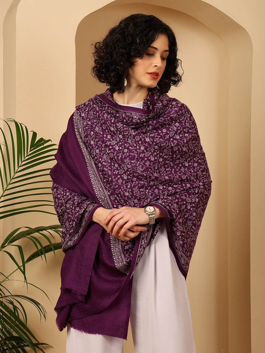 Tweedle Traditional Pure Wool Dupehra Kashmiri Embroidery Shawl for Women - Purple