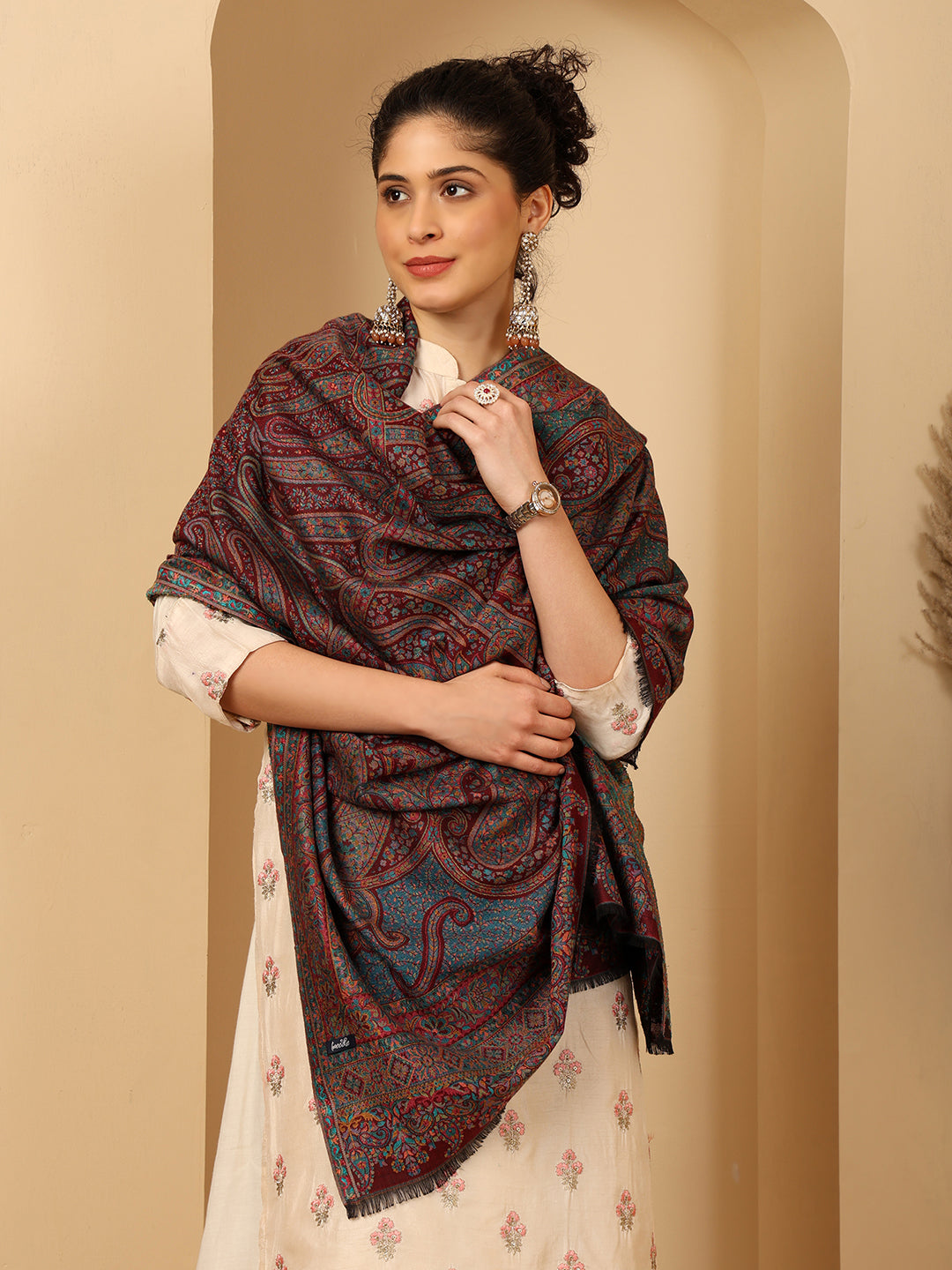 Tweedle Women’s Ruhani Kashmiri Kani Shawl - Wine, 40 x 80 inch