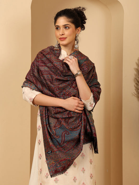 Tweedle Women’s Ruhani Kashmiri Kani Shawl - Wine, 40 x 80 inch