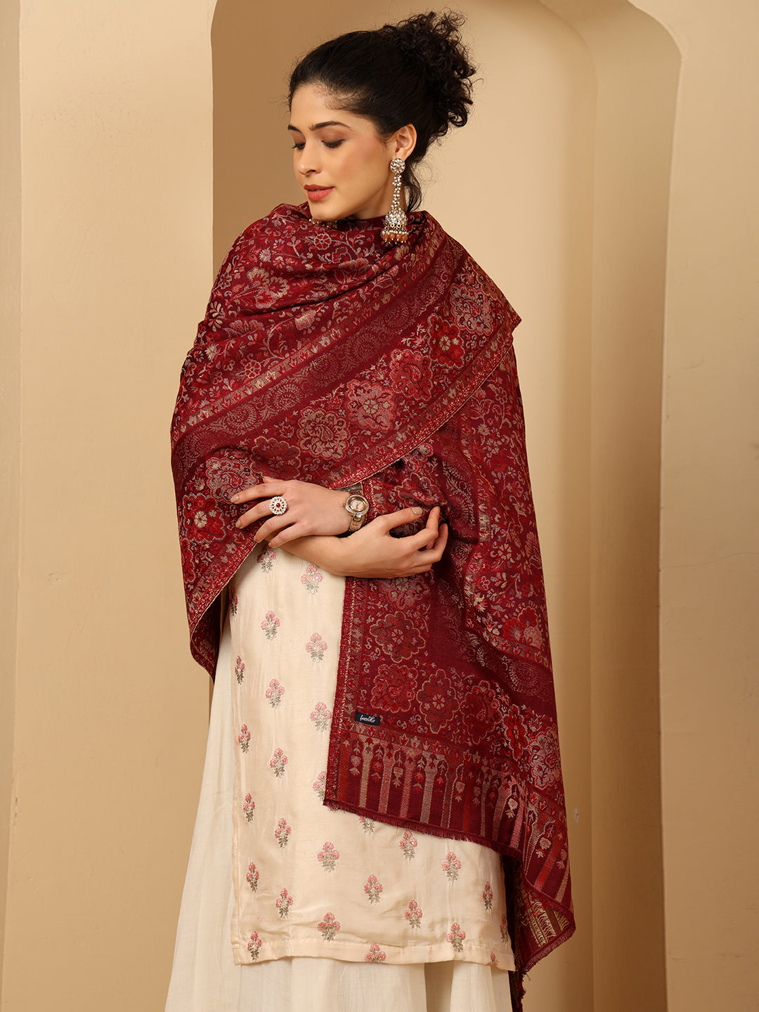 Tweedle Women’s Naira Kani Design and Zari Border - Maroon, Size - 40 x 80 inches