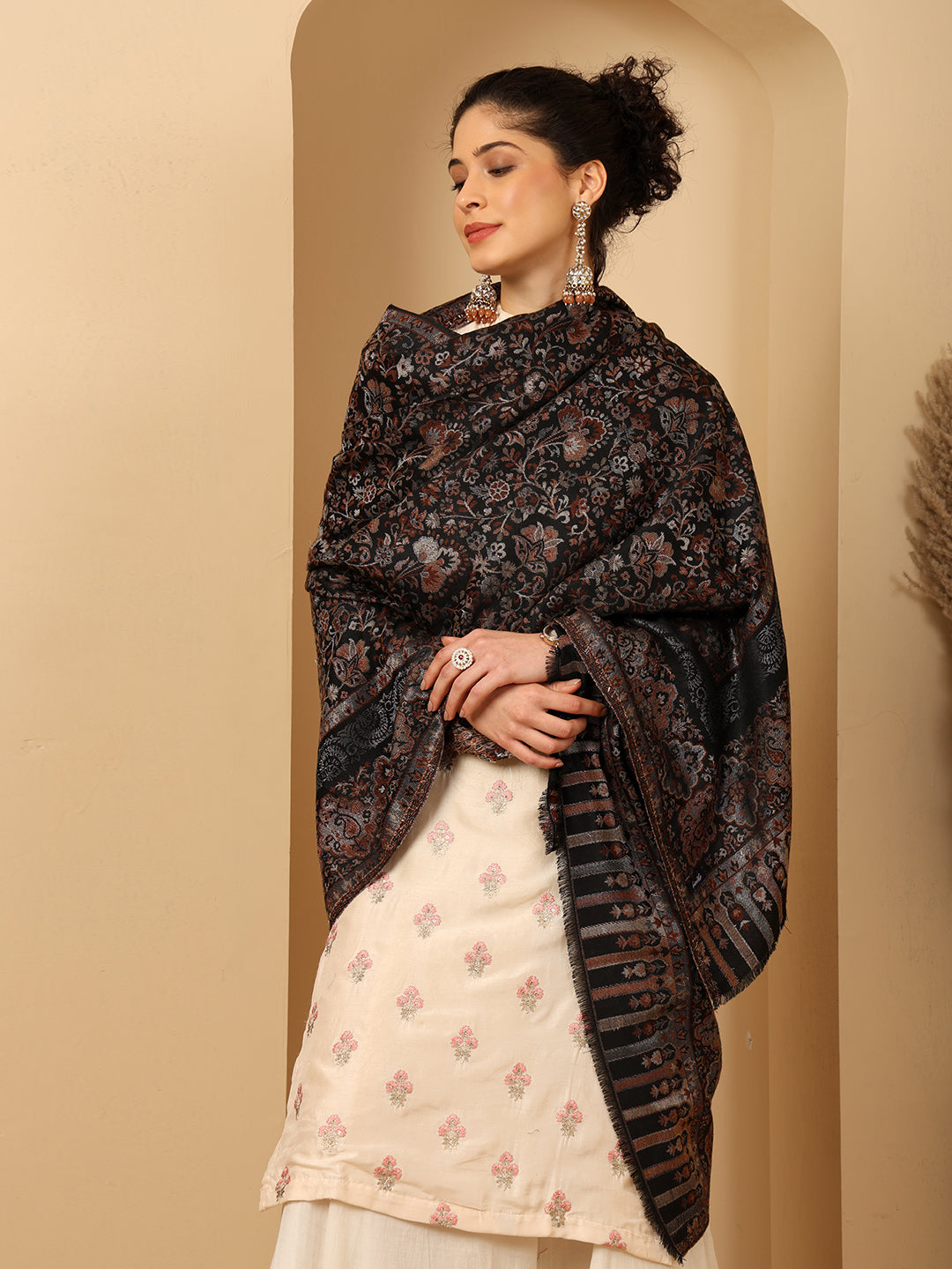 Tweedle Women’s Naira Kani Design and Zari Border - Black, Size - 40 x 80 inches