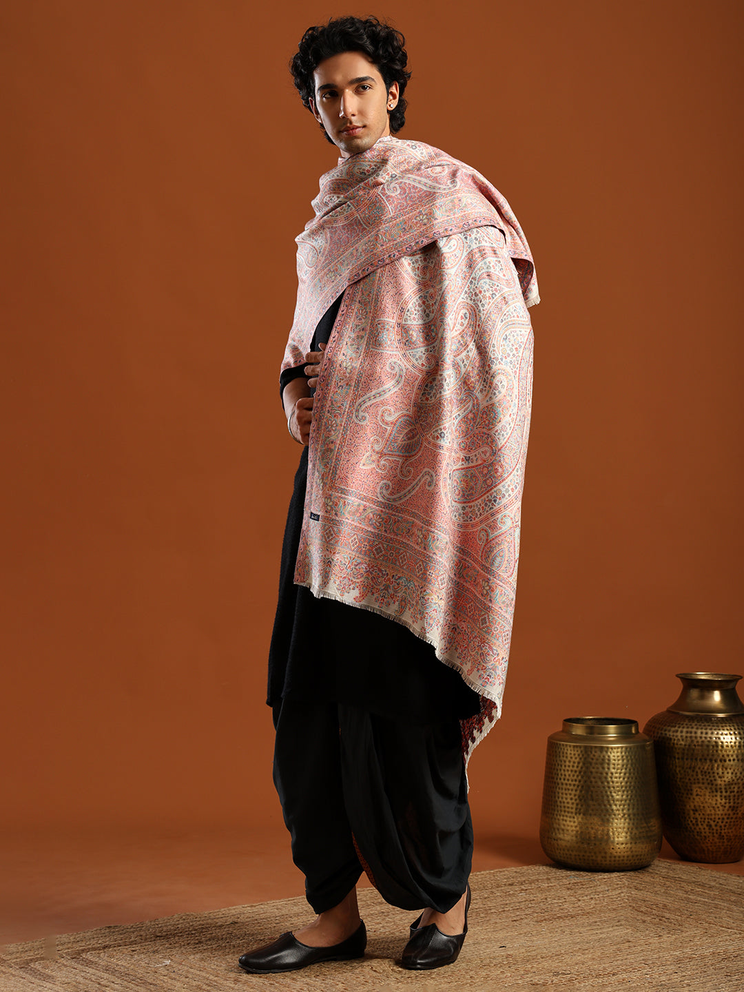 Tweedle Men’s Ruhani Kashmiri Kani Shawl - White, 40 x 80 inch