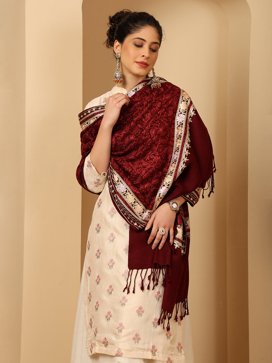 tweedle Women’s Kashmiri Aari Embroidery Stole - Wine, Size - 28 x 80 inches