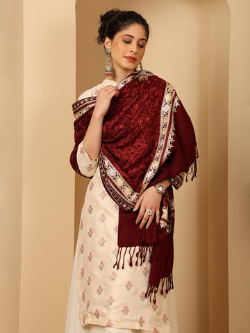 tweedle Women’s Kashmiri Aari Embroidery Stole - Wine, Size - 28 x 80 inches