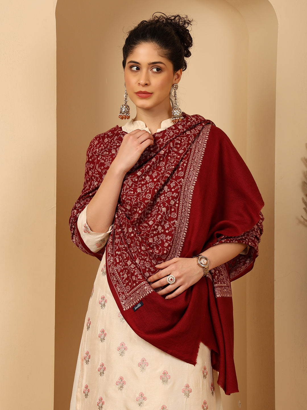 Tweedle Traditional Pure Wool Dupehra Kashmiri Embroidery Shawl for Women - Maroon