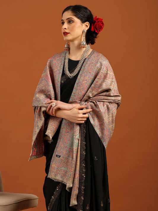 Tweedle Women’s Ruhani Kashmiri Kani Shawl - Beige, 40 x 80 inch