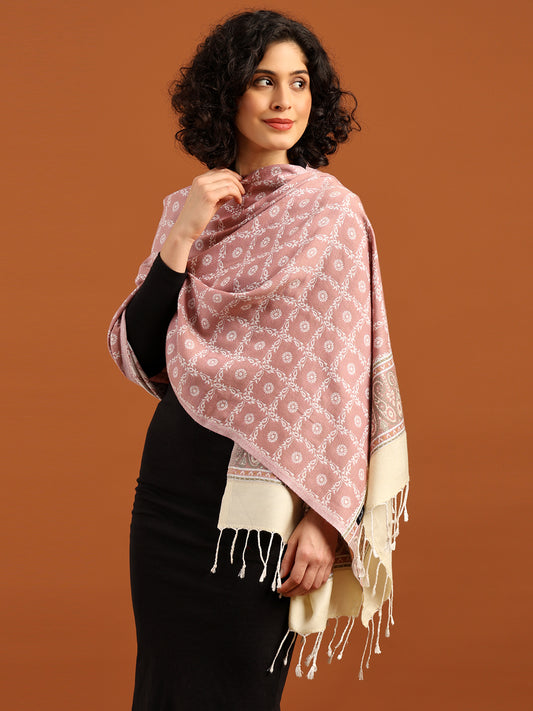 Reversible, Floral Design Blended Wool Stole for Women – Pink