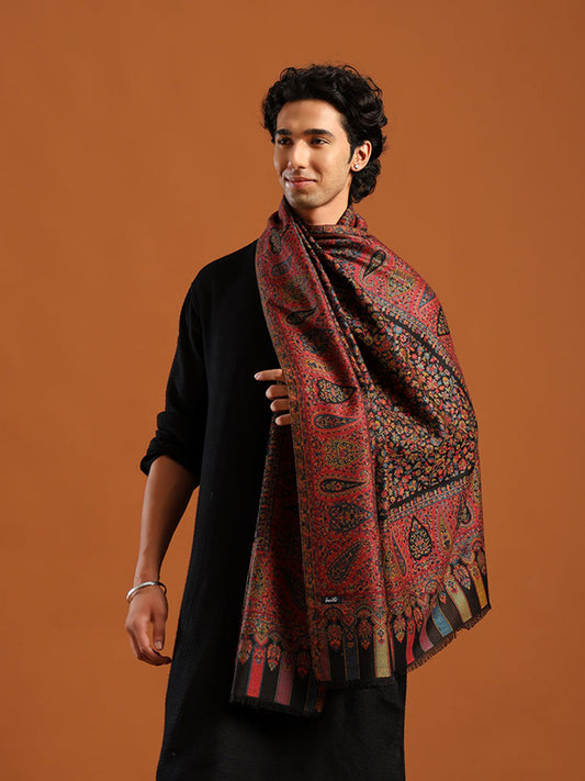 Tweedle Men’s Blended Wool Kashmiri Kani Shawl  - Black