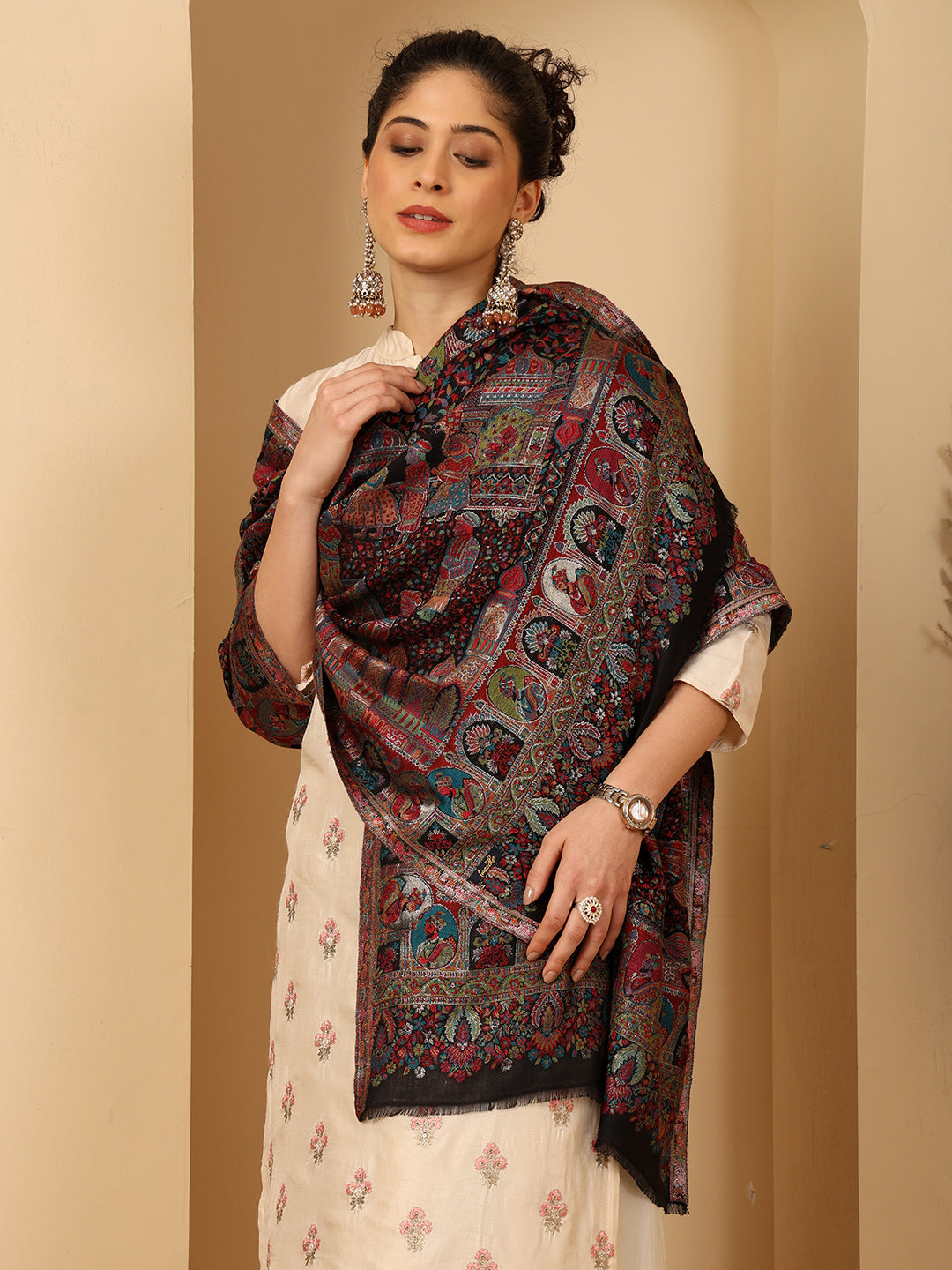 Tweedle Women’s Zari Weave, Darbar Design, Soft Bamboo Stole - Black