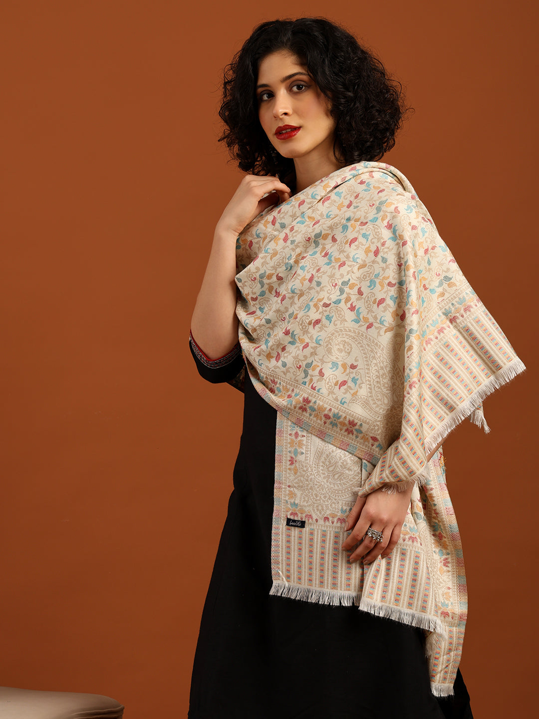 Tweedle Women’s Ethnic Kashmiri Kani Stole/ Scarf- White, Size - 28 x 80 inches