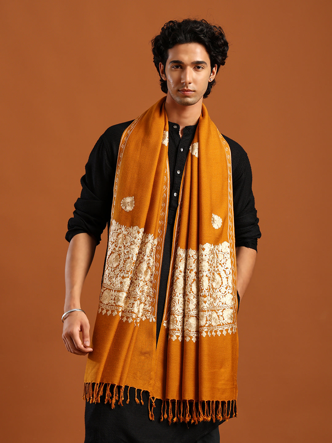 Tweedle Men’s Kashmiri Aari Embroidery Shawl / Stole - Mustard, Size - 40 x 80 inches