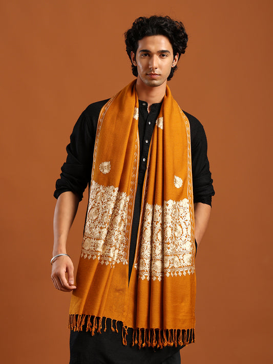 Tweedle Men’s Kashmiri Aari Embroidery Shawl / Stole - Mustard, Size - 40 x 80 inches