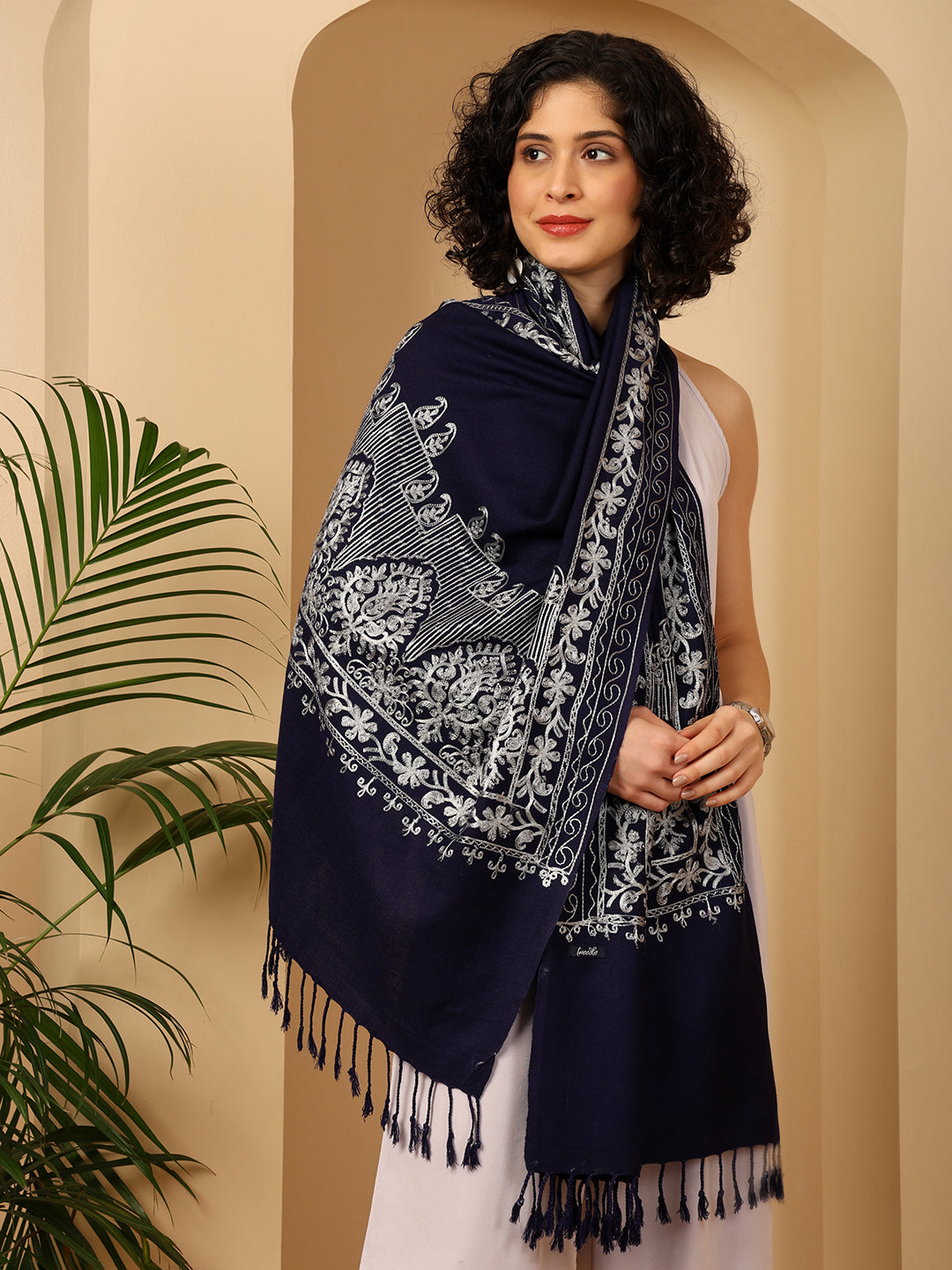 Tweedle Women’s Kashmiri Aari Embroidery Stole/ Scarf - Navy Blue, Size - 28 x 80 inches
