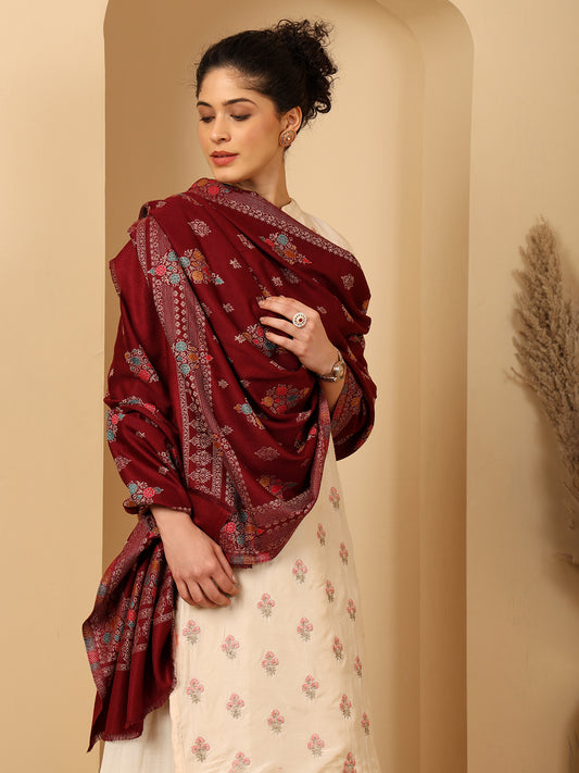 Tweedle Women’s Ethnic Design Faux Wool Shawl - Maroon, Size - 40 x 80 inches
