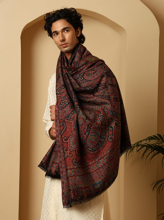 Tweedle Men’s Ruhani Kashmiri Kani Shawl - Black, 40 x 80 inch