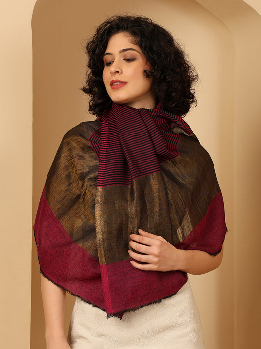 Tweedle Women’s Fine Wool Stole with Striped Zari Palla - Magenta