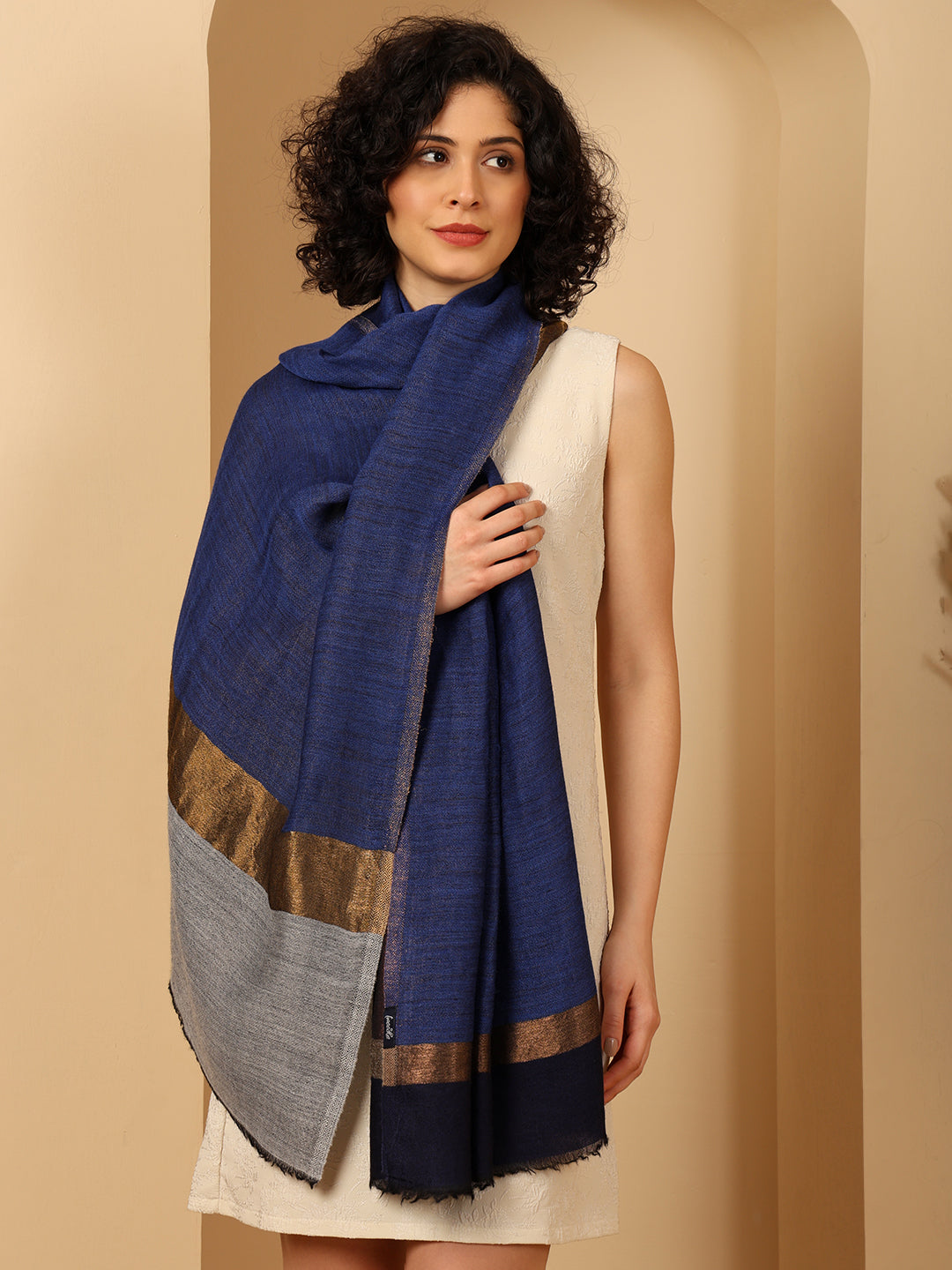 Tweedle Women’s Pashmina Wool Stole with Reversible Double Palla Zari Design - Blue