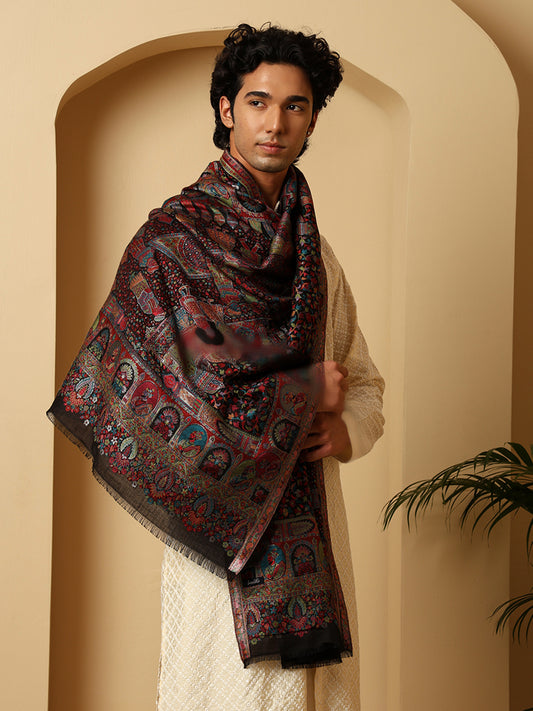 Tweedle Men’s Zari Weave, Darbar Design, Soft Bamboo Stole - Black