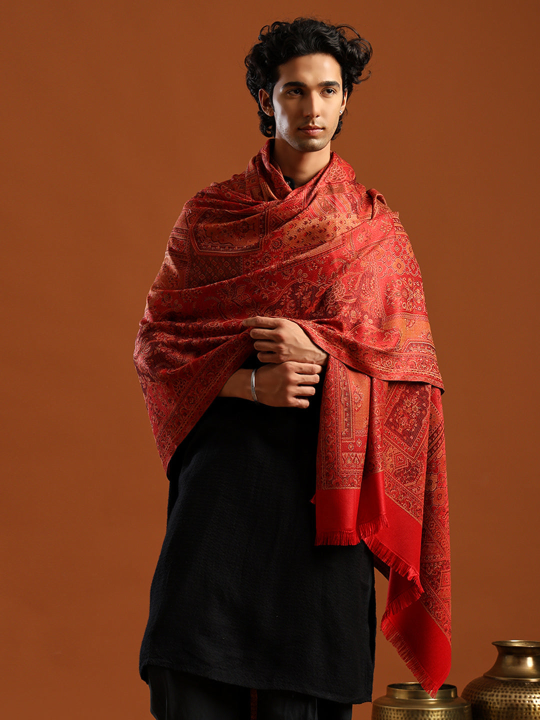 Tweedle Men’s Jamawar Shawl, Faux Pashmina - Maroon, Size 40 x 80 inches