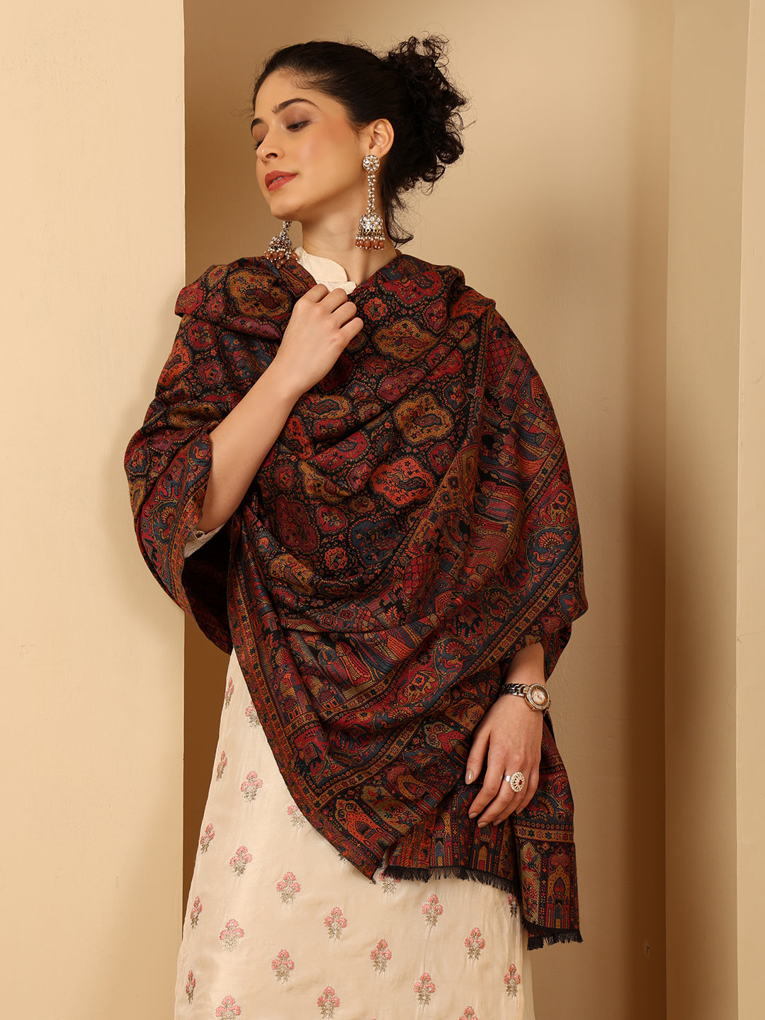 Tweedle Wool Blend Kani Shawl for Women – Black, Size – 40x80