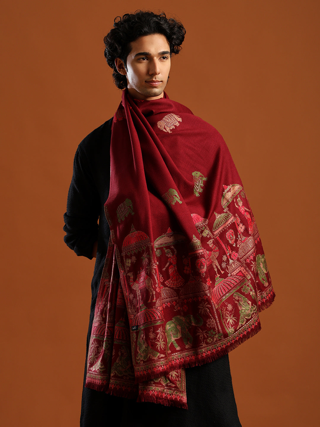 Tweedle Men’s Mahotsav Ethnic Design Zari Shawl, Faux Wool - Maroon, Size - 40 x 80 inches
