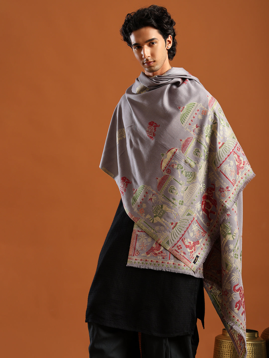 Tweedle Men’s Mahotsav Ethnic Design Zari Shawl, Faux Wool - Grey, Size - 40 x 80 inches