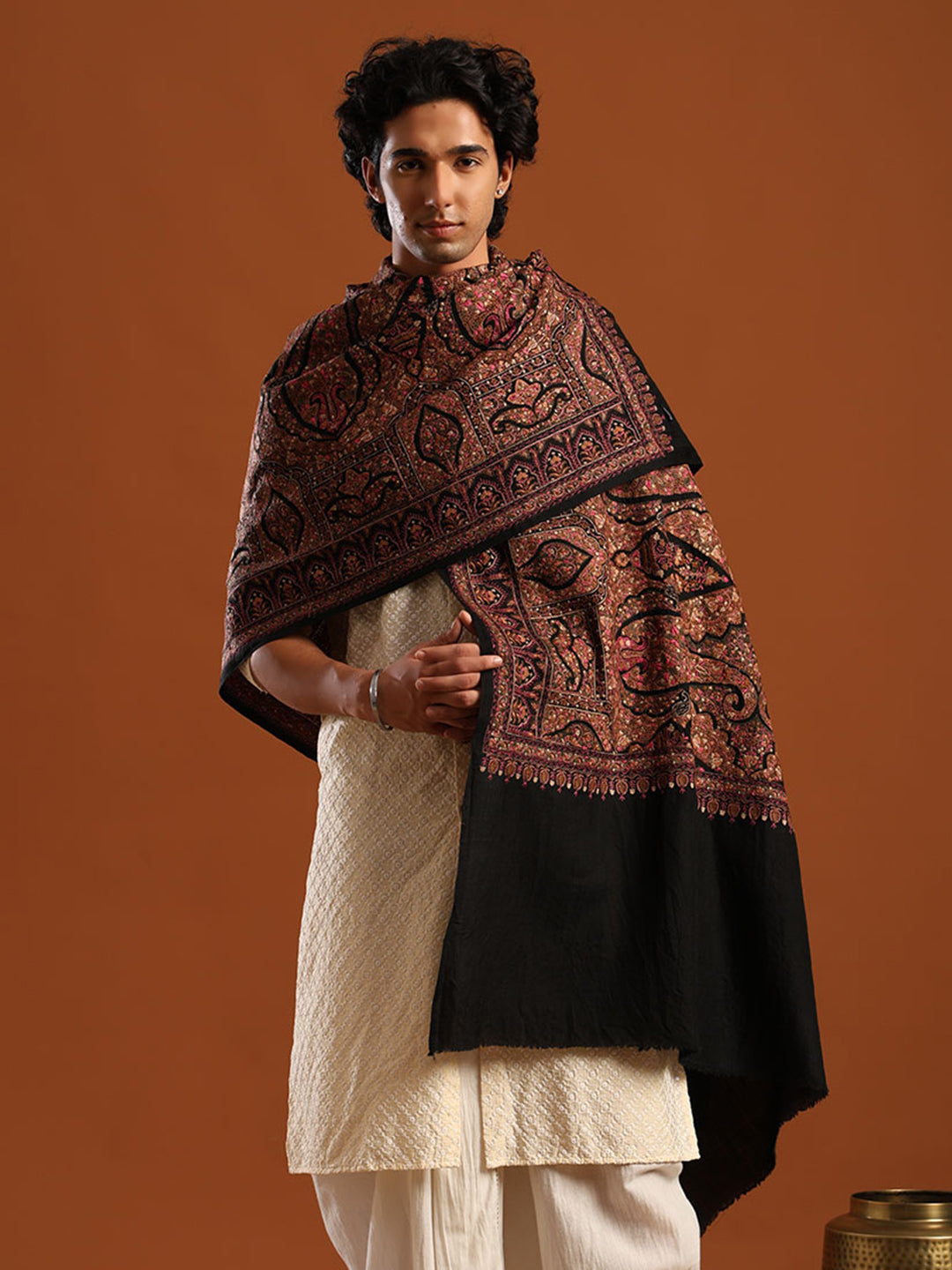 Tweedle Men’s Pure Wool Sozni Embroidery Jama Shawl - Black, Size - 40x80