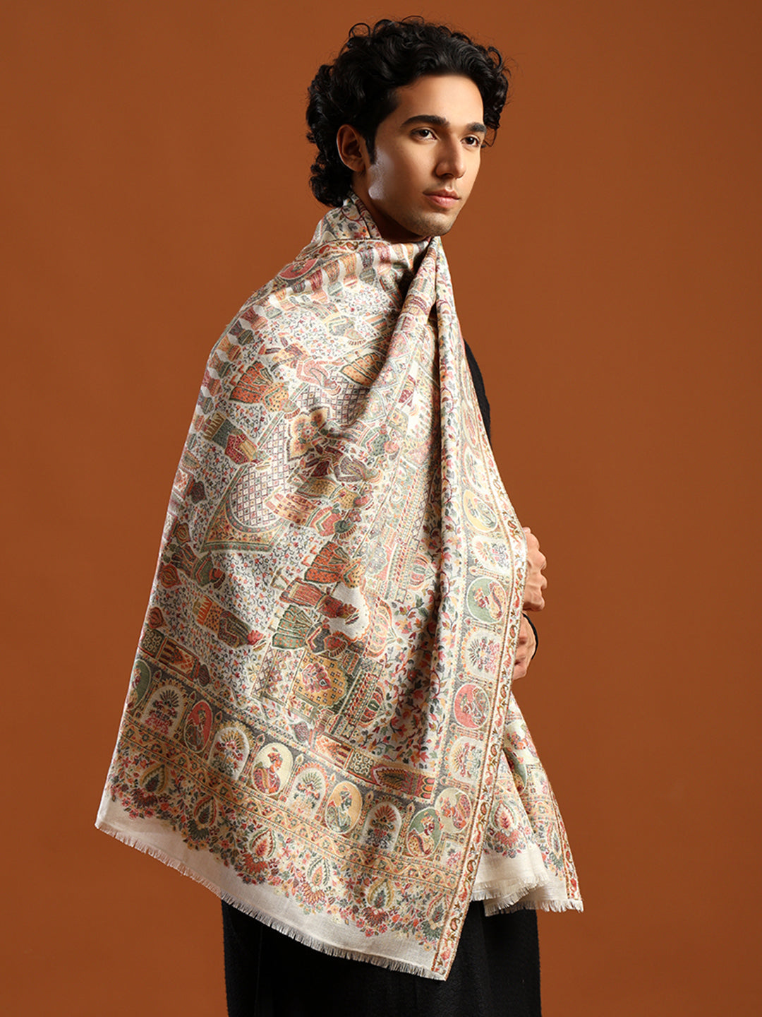 Tweedle Men’s Zari Weave, Darbar Design, Soft Bamboo Stole - White