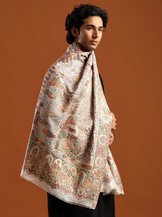 Tweedle Men’s Zari Weave, Darbar Design, Soft Bamboo Stole - White