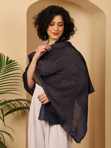 Tweedle Women’s Soft Fine Wool Pashmina Zari Stole, Reversible Moonlight Shawl- Blue