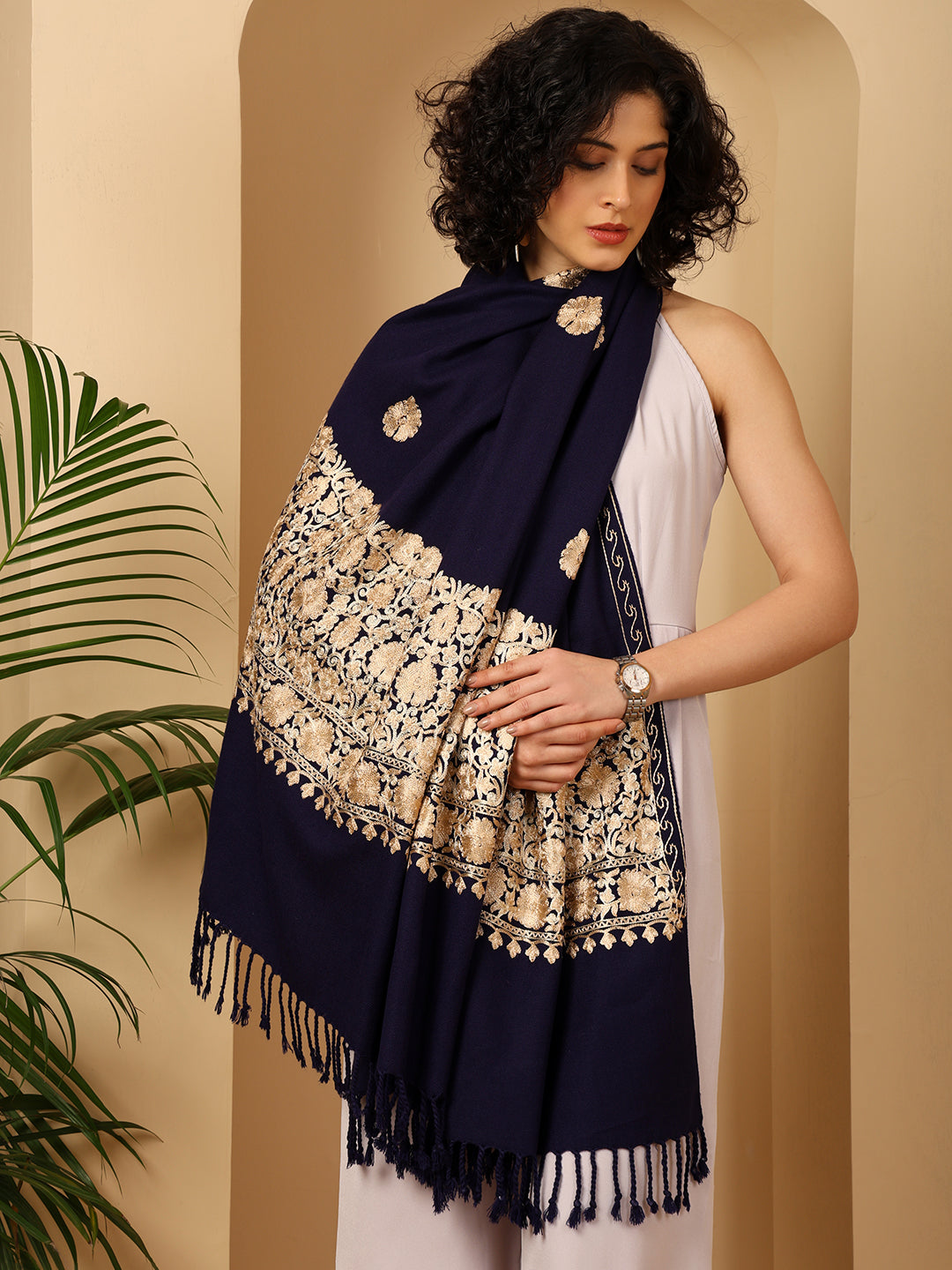 Tweedle Women’s Kashmiri Aari Embroidery Shawl / Stole - Navy Blue, Size - 40 x 80 inches