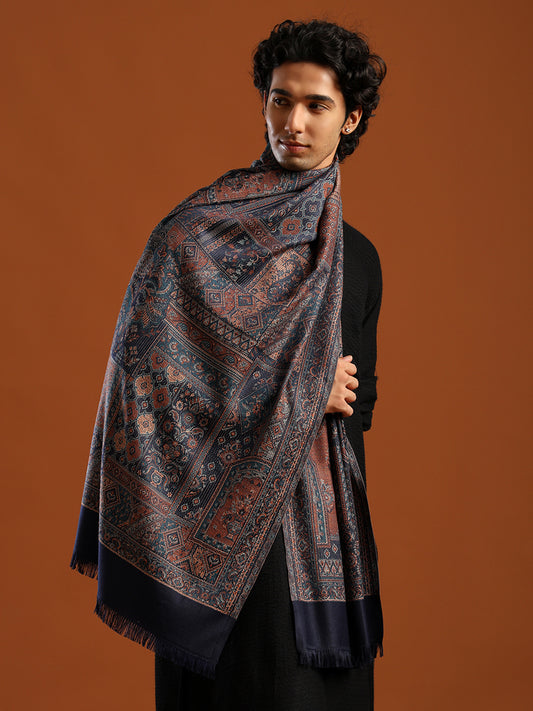 Tweedle Men’s Jamawar Shawl, Faux Pashmina - Blue, Size 40 x 80 inches