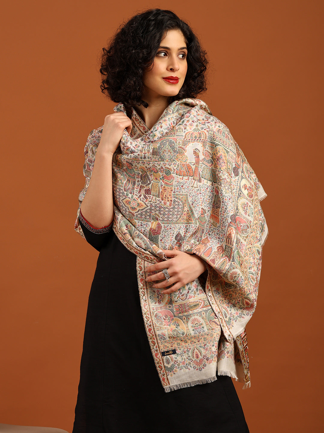 Tweedle Women’s Zari Weave, Darbar Design, Soft Bamboo Stole - White