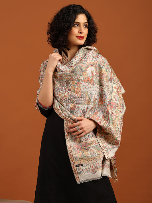 Tweedle Women’s Zari Weave, Darbar Design, Soft Bamboo Stole - White