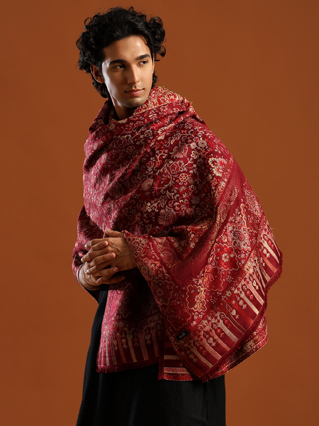 Tweedle Men’s Naira Kani Design and Zari Border - Maroon, Size - 40 x 80 inches