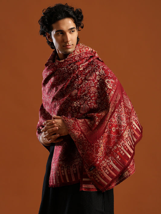 Tweedle Men’s Naira Kani Design and Zari Border - Maroon, Size - 40 x 80 inches