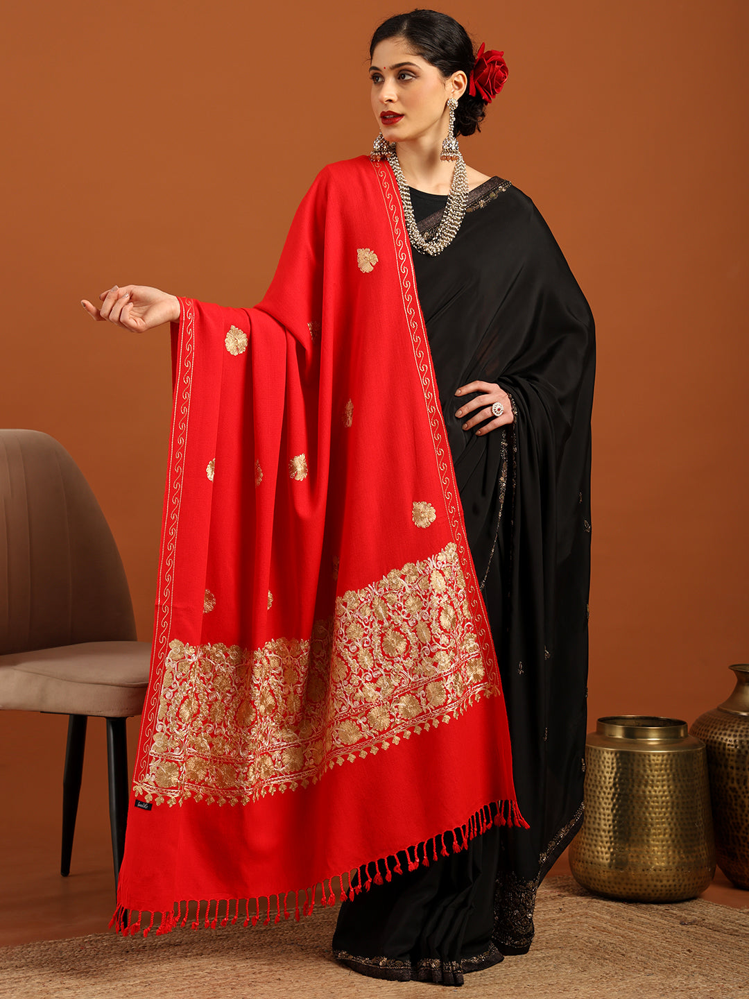 Tweedle Women’s Kashmiri Aari Embroidery Shawl / Stole - Red, Size - 40 x 80 inches