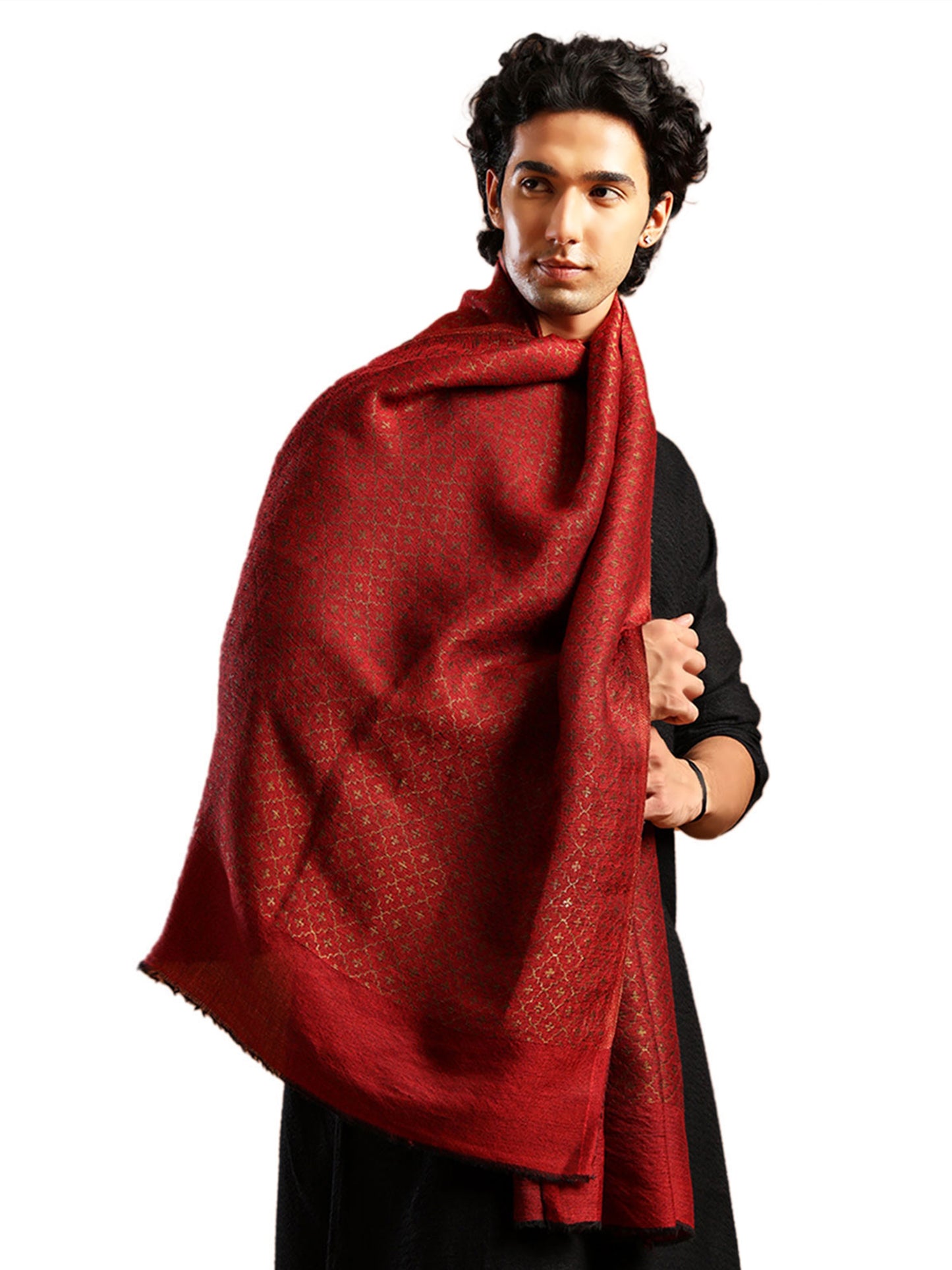 Tweedle Men’s Reversible Pashmina Wool Stole with Floral Zari Weave - Maroon