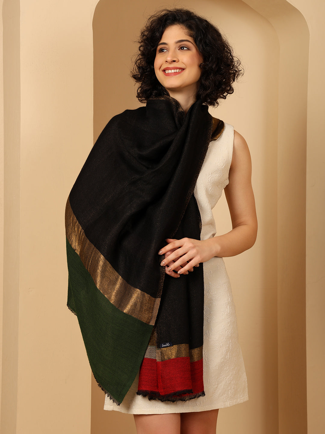 Tweedle Women’s Pashmina Wool Stole with Reversible Double Palla Zari Design - Black
