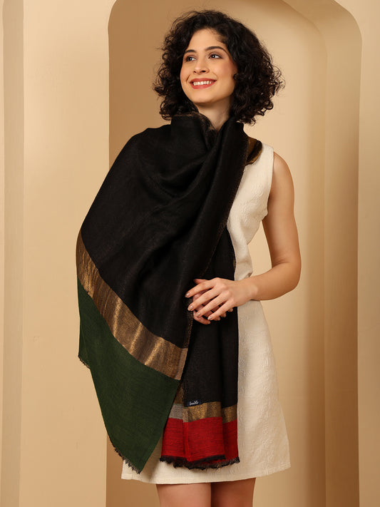 Tweedle Women’s Pashmina Wool Stole with Reversible Double Palla Zari Design - Black