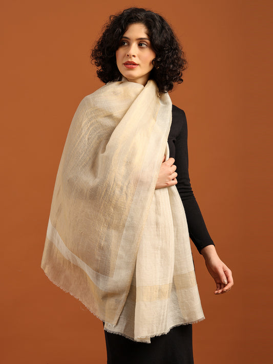 Tweedle Women’s Fine Wool Reversible Stole with Zari Border- Off-White