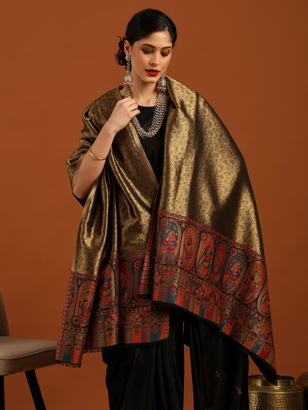 Woven Design, Ethnic Motifs Zari Shimmer Shawl for Women – Black