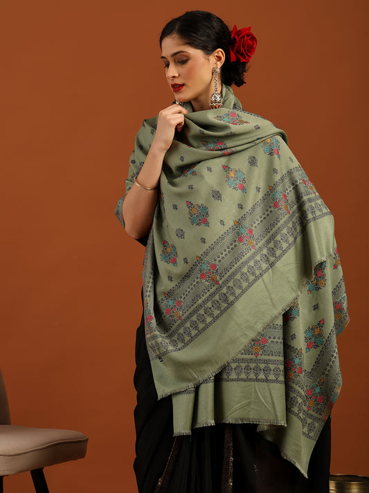 Tweedle Women’s Ethnic Design Faux Wool Shawl - Green, Size - 40 x 80 inches