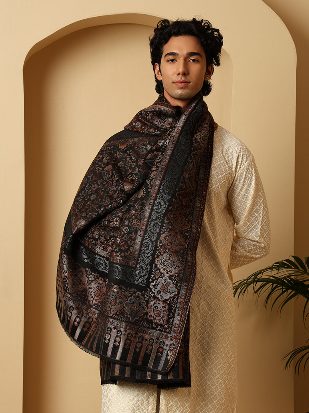 Tweedle Men’s Naira Kani Design and Zari Border - Black, Size - 40 x 80 inches