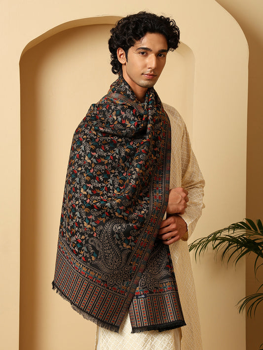 Tweedle Men’s Ethnic Kashmiri Kani Stole/ Scarf- Black, Size - 28 x 80 inches