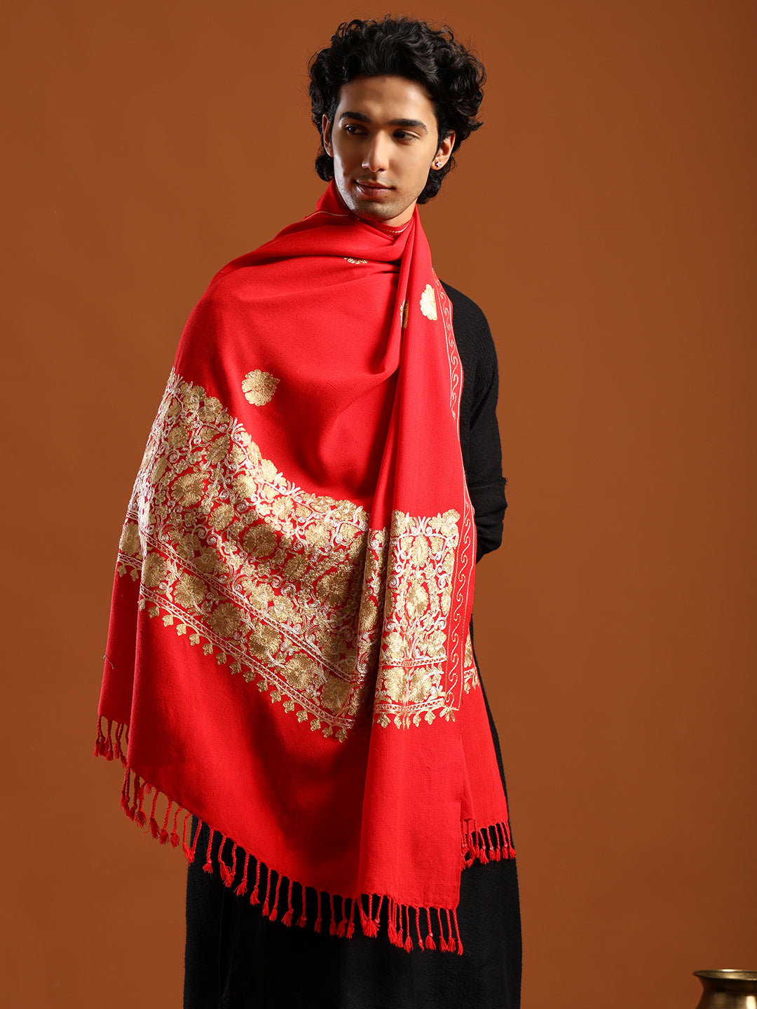 Tweedle Men’s Kashmiri Aari Embroidery Shawl / Stole - Red, Size - 40 x 80 inches