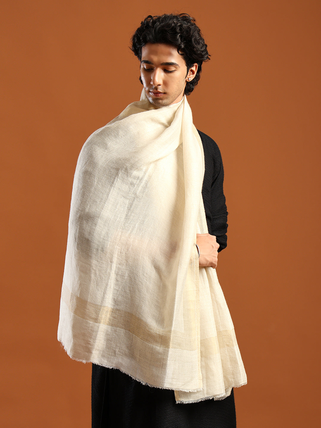 Tweedle Men’s Fine Wool Reversible Stole with Zari Border- Off-White