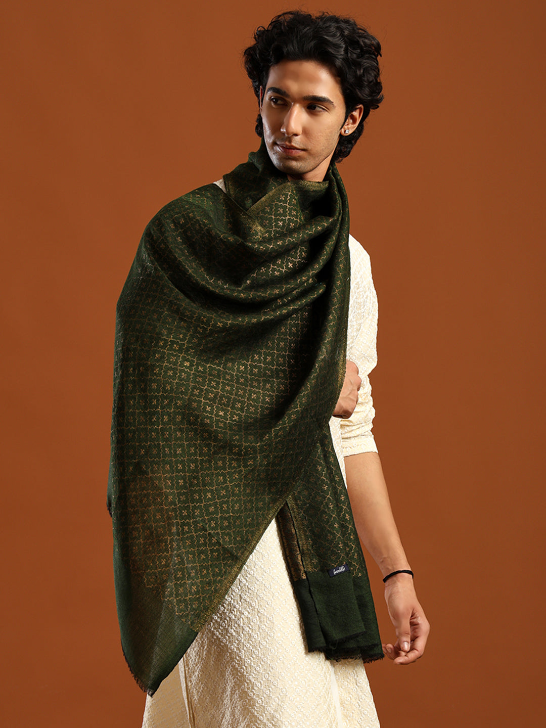Tweedle Men’s Reversible Pashmina Wool Stole with Floral Zari Weave - Green
