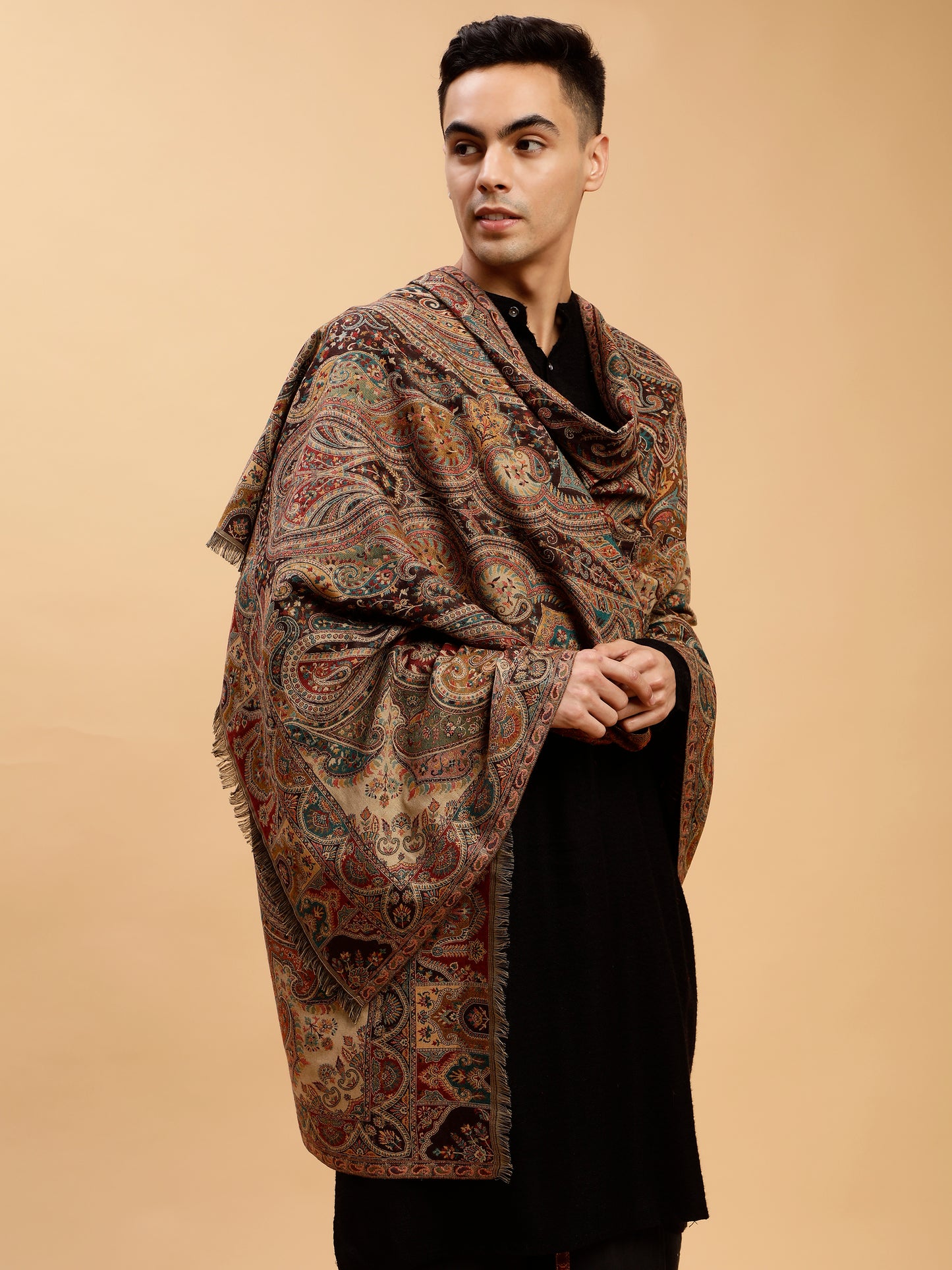 Jacquard Weave, Paisley Design, Faux Pashmina Shawl - Black